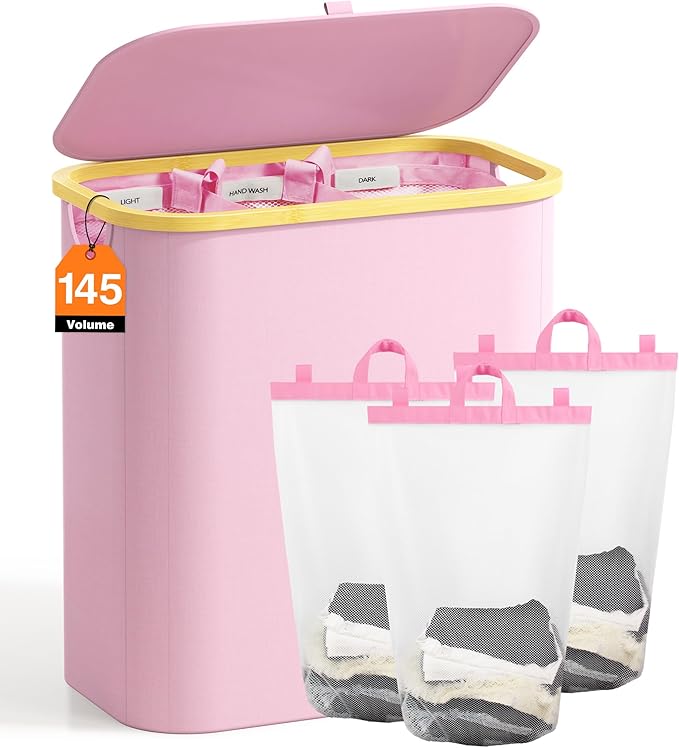 Hampers for Laundry Basket with Lid, 145L Extra Large 3 Section Clothes Divided Organizer for Bedroom, Laundry Room, Dirty Clothing Hamper, Pink