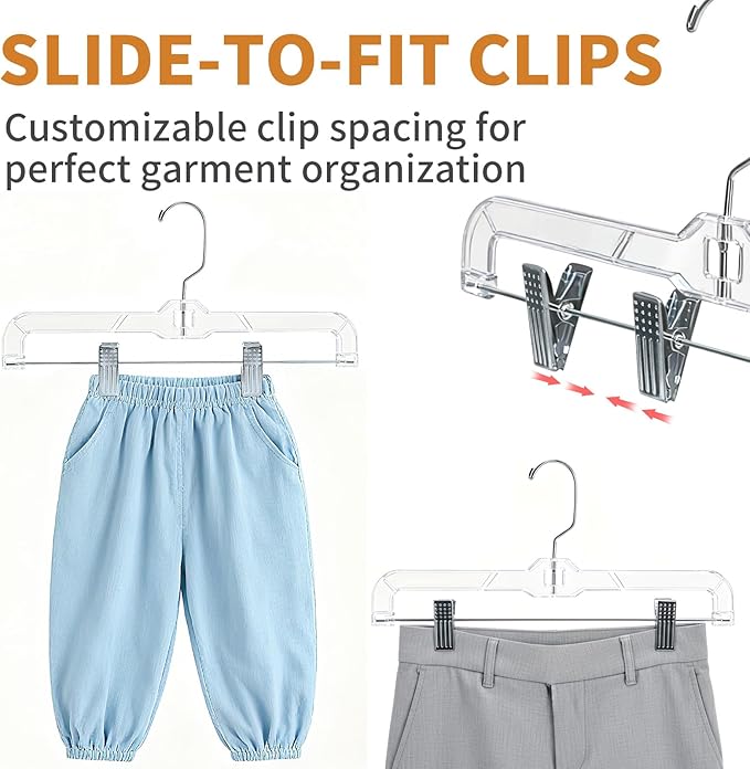 12 Pack Clear Plastic Pants Hangers, 14 Inch Upgraded Heavy Duty Skirt Hanger with 2-Adjustable Clip Non-Slip 360° Swivel Hook for Pants, Trousers, Skirts, Jeans