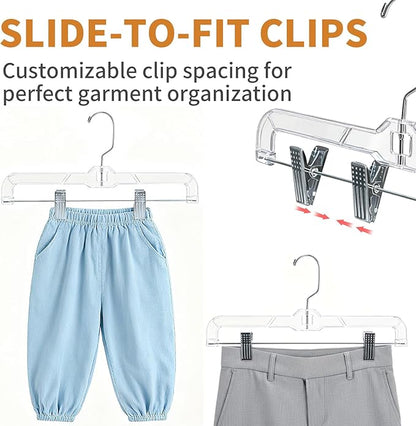12 Pack Clear Plastic Pants Hangers, 14 Inch Upgraded Heavy Duty Skirt Hanger with 2-Adjustable Clip Non-Slip 360° Swivel Hook for Pants, Trousers, Skirts, Jeans