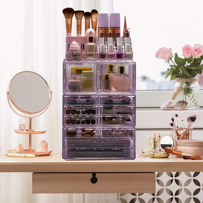 Sorbus Large Makeup Organizer - Clear Stackable Jewelry & Makeup Organizer For Vanity, Bathroom Storage, Dresser - 12 Drawers Cosmetic Beauty Organizers and Storage with Lipstick, Makeup Brush Holder