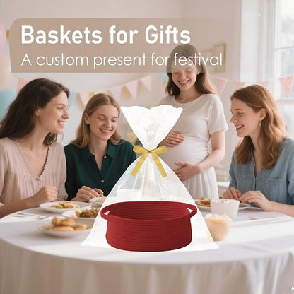 JMvicyroam Woven Basket,Small Rope Storage Bin with Handles & Ribbon Bag, Organizer for Shelves Closets,Gift Basket Empty for Birthday,Books,Dog Toys, Red
