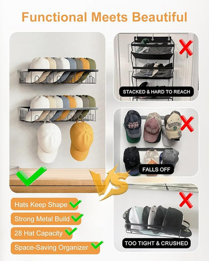 Hat Rack for Wall, 2 Pack Large Hat Organizer with More Hooks, Holds 56 Caps, Metal Wall Mounted Hat Holder for Baseball Caps, Closet Bedroom Kitchen Bathroom, Black