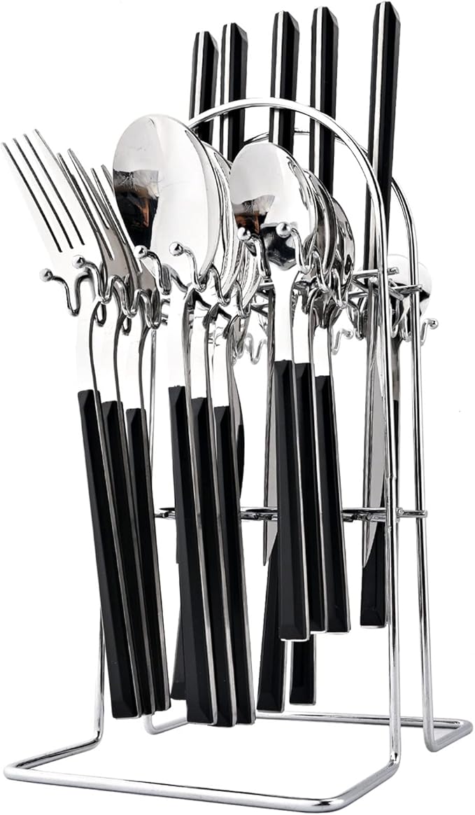24Pcs Black Handle Flatware Silverware Set with Stand, Silver Stainless Steel Cutlery Set for 6, Square Handle Eating Utensils, Mirror Polished