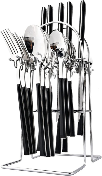 24Pcs Black Handle Flatware Silverware Set with Stand, Silver Stainless Steel Cutlery Set for 6, Square Handle Eating Utensils, Mirror Polished