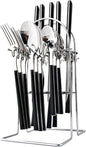 24Pcs Black Handle Flatware Silverware Set with Stand, Silver Stainless Steel Cutlery Set for 6, Square Handle Eating Utensils, Mirror Polished