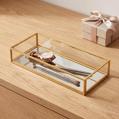 Lyellfe 2 Pack Perfume Trays, Gold Vanity Tray, Decorative Gold Mirror Tray, Non Slip Rectangular Perfume Tray, Jewelry, Bathroom