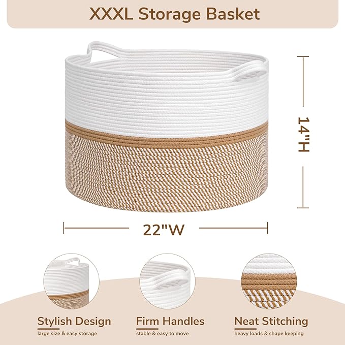 CHICVITA XXL Extra Large Blanket Basket, Cotton Rope Storage Basket for Organizing, Home Decor Woven Basket for Laundry Baby Nursery Decorative Toy Bin, White and Brown, 22" x 22" x 14"