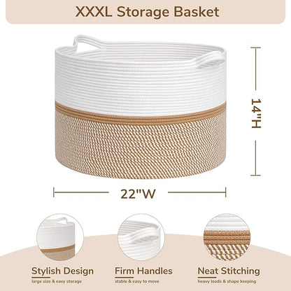 CHICVITA XXL Extra Large Blanket Basket, Cotton Rope Storage Basket for Organizing, Home Decor Woven Basket for Laundry Baby Nursery Decorative Toy Bin, White and Brown, 22" x 22" x 14"