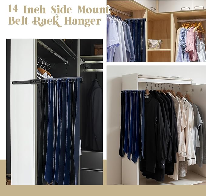 Blulu 1 Pcs 13.8'' Sliding Tie Rack Hanger for Closet, 25 Tie Pull Out Wall Mounted Extending Sturdy Metal Belt Organizer Holder for Men Belt Storage, Black