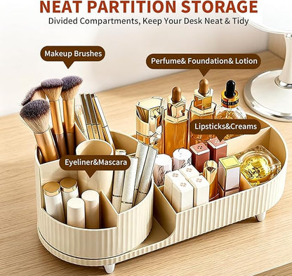 Makeup Organizer with 360° Rotating Brush Holder Cosmetic Storage for Cosmetics, Skincare, Perfume, Bathroom Vanity Desktop Organizer, Lotions Display Case (Cream)