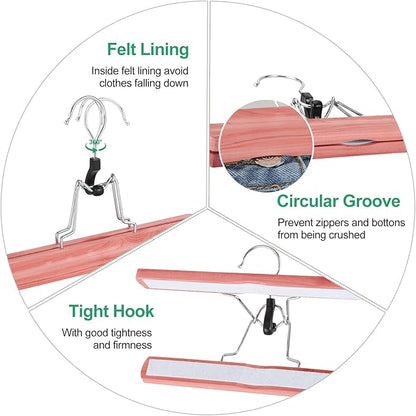 TOPIA HANGER 24 Pack Cedar Pants Hangers, Hair Extension Hangers Non Slip Skirt Hanger Wood Clamp with Velvet Padded 360° Swivel Hook for Jeans, Skirts, Trousers, Wigs CT68C