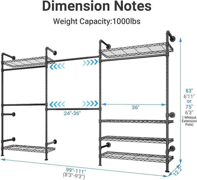 Timate F3 Plus Wall Mounted Clothes Rack Industrial Pipe Clothing Rack for Hanging Clothes, Heavy Duty Clothes Rack with Shelves, Expandable Garment Rack Wall Closet System, Black Pipe Closet Kit