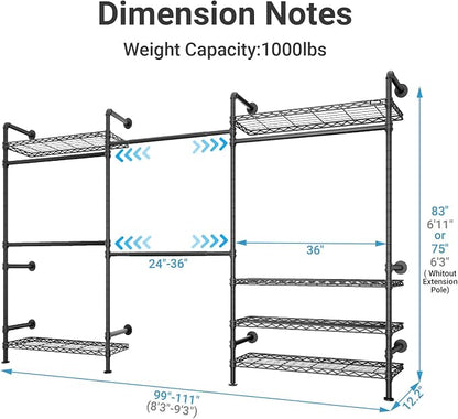 Timate F3 Plus Wall Mounted Clothes Rack Industrial Pipe Clothing Rack for Hanging Clothes, Heavy Duty Clothes Rack with Shelves, Expandable Garment Rack Wall Closet System, Black Pipe Closet Kit