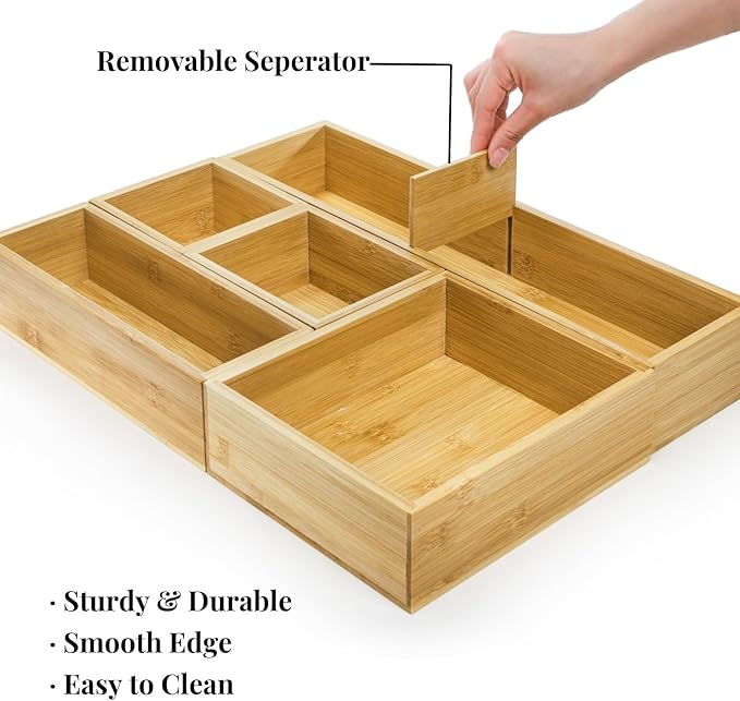 ZAVOOS 5 Pieces Bamboo Drawer Organizer, Multi-Use Individual Junk Tea Storage Drawer Tray Set with Removable Dividers, Adjustable Cutlery Utensils Holder Bin for Kitchen, Office, Bathroom