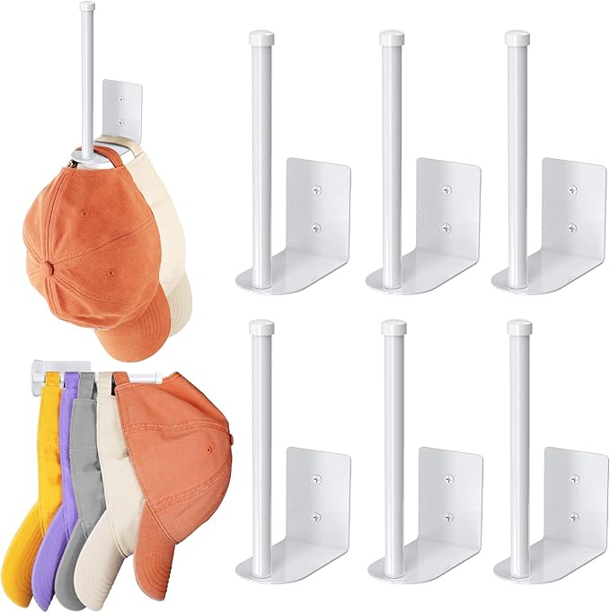 Durmmur 6 Pack Hat Racks for Baseball Caps, Stainless Steel Hat Organizer for Baseball Cap, Hat Holder Storage Organizer, Hat Hanger Strong Adhesive/Wall Drilled for Door, Bedroom, Closet(White 6 in)