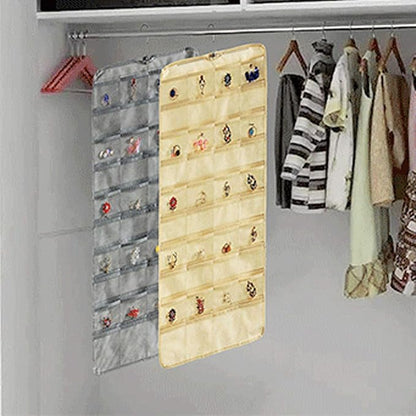 Hanging Jewelry Organizer Dual Sided Foldable Jewelry Roll with Hanger for Jewelry Brooches Closet Necklace Earrings Bracelet Ring Hair Accessories Travel Holder, Beige