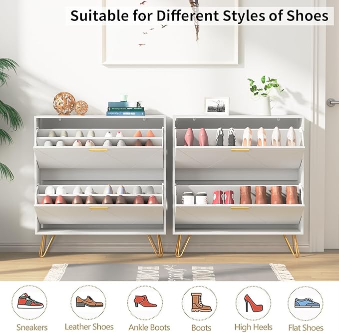 JOZZBY Shoe Cabinet for Entryway Slim Set of 2, White Shoe Cabinet with 2 Flip Drawers, Narrow Shoe Storage Cabinet, Slim Shoe Rack for Entryway, Hallway, Living Room