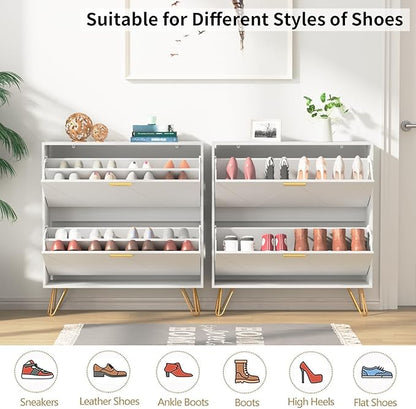 JOZZBY Shoe Cabinet for Entryway Slim Set of 2, White Shoe Cabinet with 2 Flip Drawers, Narrow Shoe Storage Cabinet, Slim Shoe Rack for Entryway, Hallway, Living Room