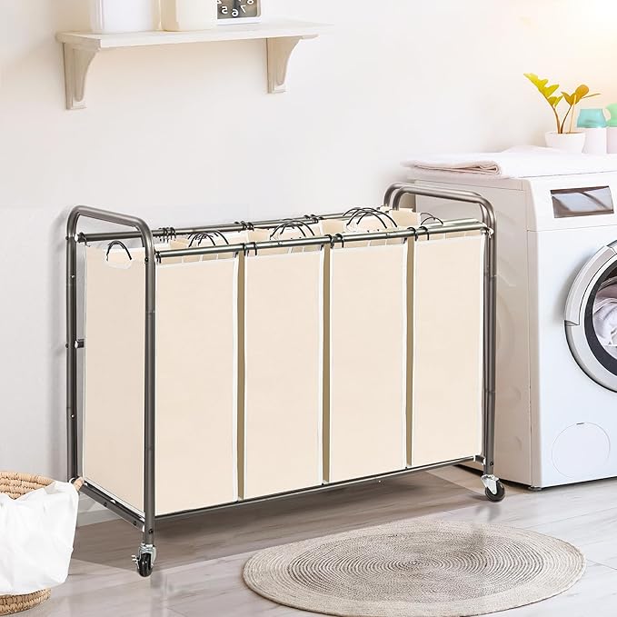 STO STO Laundry Sorter 4 Section, 4 Bag Clothes Hamper, Rolling Laundry Cart Basket with Heavy Duty Lockable Wheels and Removable Bag for Laundry Room, Bedroom, Closet, Beige