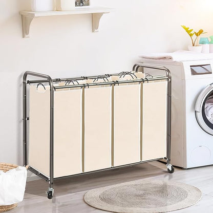 STO STO Laundry Sorter 4 Section, 4 Bag Clothes Hamper, Rolling Laundry Cart Basket with Heavy Duty Lockable Wheels and Removable Bag for Laundry Room, Bedroom, Closet, Beige