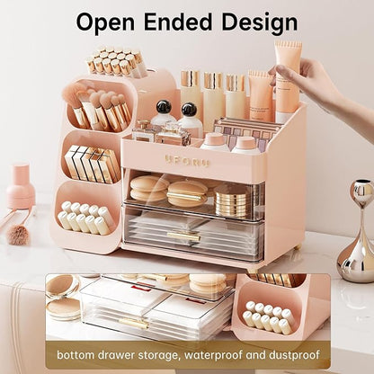 Makeup Organizer for Vanity with Brush Holder, Large Capacity Bathroom Countertop Skincare Organizer with 2 Drawers, Cosmetic Display Case for Perfumes, Eyeshadow Palettes, Nail Polishes