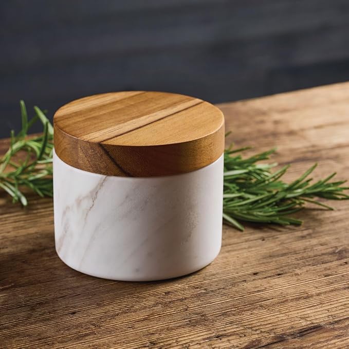 Anolon Pantryware Marble Salt Cellar with Teak Lid / Marble Salt Box with Teak Lid - 5.25 Ounce , White