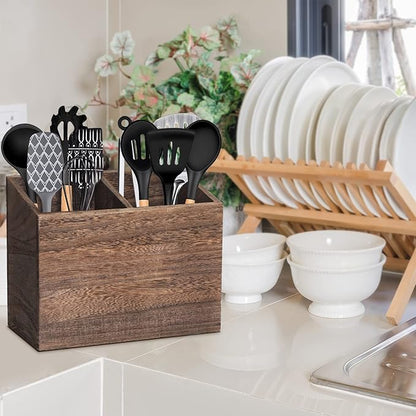 Wooden Kitchen Utensil Caddy With 2 Compartments, Rustic Utensil Holder for Kitchen Countertop, Wood Utensil Crock Organizer Box for Farmhouse Kitchen Decor (brown)