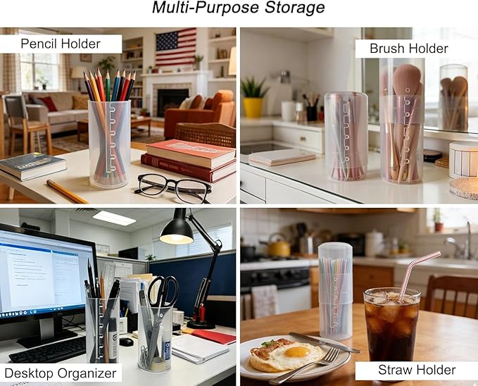 Retractable Travel Makeup Brush Holder, Clear Plastic Brush Cup with Lid, Portable Brushes Organizer for Makeup Artists | Vanity, Multi-Purpose Pen Pencil Container & Straw Holder, 2pcs