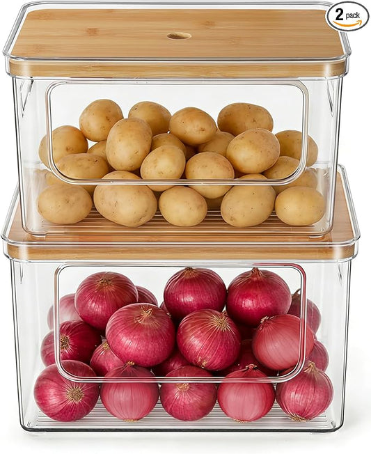 Hudgan Pantry Organizers and Storage with Straight Side, 2 Set Stackable Bin with Open Front for Onion,Potato,Garlic,Fruit, Clear Storage Bin with Bamboo Lid for Kitchen Cabinet, Countertop, Bathroom