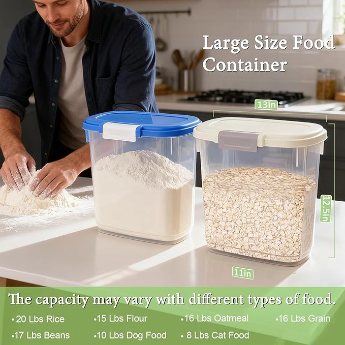Large Rice Storage Container 20 Lbs - Tall Flour Container with Scoop + Cup - Slim Dry Food Storage Bin for Cereal, Sugar, Beans, Pet Dog Cat Food Container - Kitchen and Pantry Storage Organization