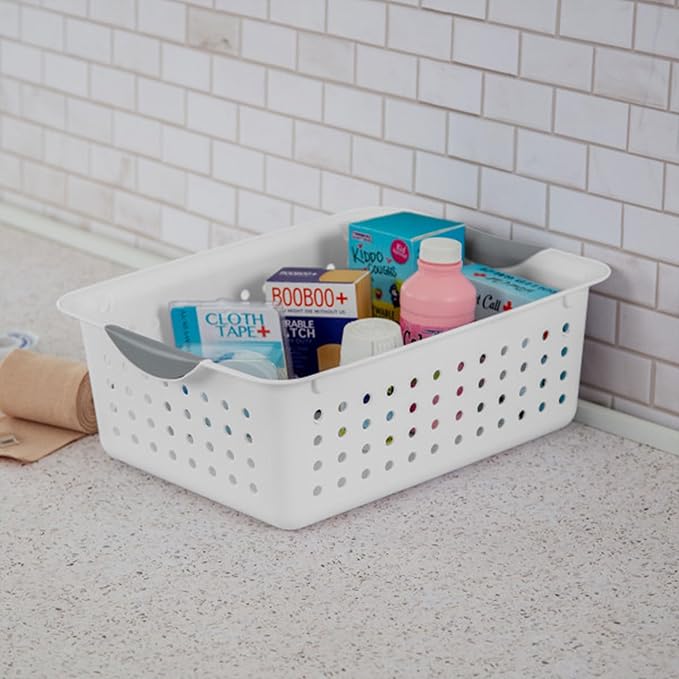 Sterilite 18-Pack Medium Ultra Basket, Open Top Plastic Storage Organizer, White - Classic Baskets for Organizing Countertops, Pantry Shelves, Kitchen Cabinets, Laundry Rooms or Home Offices