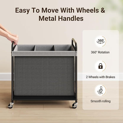 ELYKEN Laundry Hamper 3 Section, 120L Rolling Laundry Sorter with Removable Liner Bag, Laundry Basket with Wheels, Steel Frame with Metal Handle, Clothes Hamper Cart for Laundry Room & Bedroom
