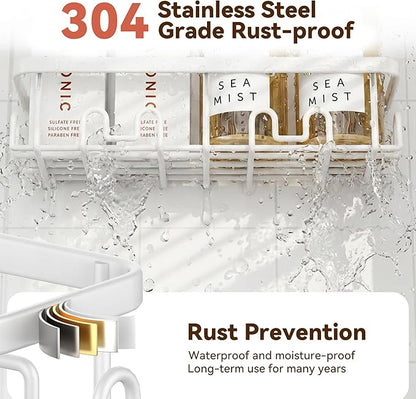 YASONIC Shower Caddy Adhesive 5-Pack, Rustproof Shower Shelves with 24 Hooks, No Drilling Shower Shelf for Inside Shower, Large Capacity Bathroom Organizers and Storage for Dorms & Renters, White