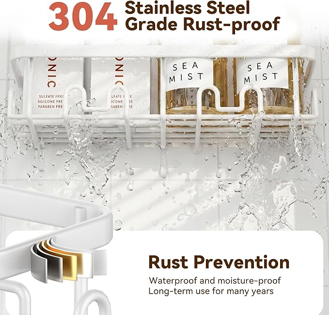 YASONIC Shower Caddy Adhesive 2-Pack, Rustproof Shower Organizer with Holder, No-Drill Shower Shelves for Inside the Shower, Large-Capacity Bathroom Organizers and Storage for Dorms & Renters, White
