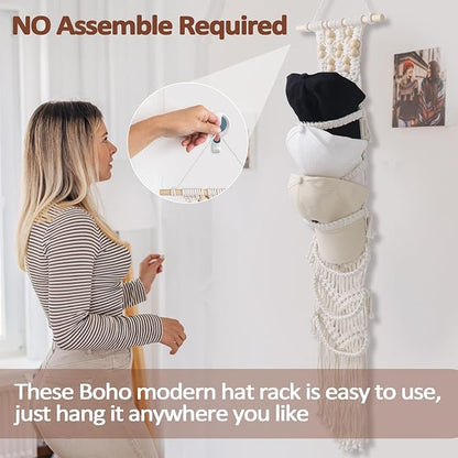 SelfTek 1 Pack Hat Organizer for Baseball Ca-ps, Macrame Hat Holder For Wall, Hat Racks for Wall Door, Boho Hat Hanger Decorative Hat Storage for Baseball C-aps [ Up to 12 C-aps ]