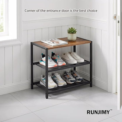 3-Tier Wooden Shoe Rack with Metal Mesh Shelves - for Entryway, Closet, Hallway & Bedroom Holds 6 Pairs, Ideal for Storage or Display