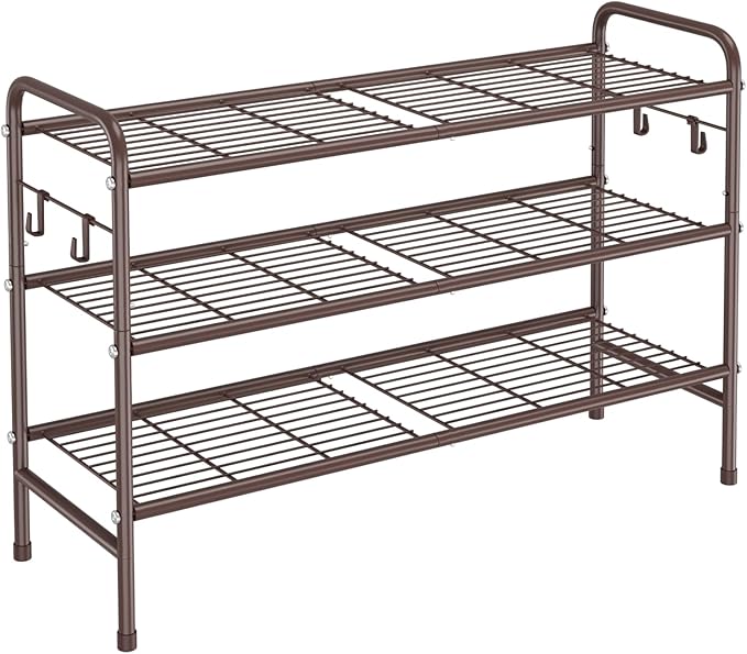 VILICK 3 Tier Shoe Rack 33" Wide Metal Shoe Organizer Long Shoe Storage with 4 Side Hooks Sturdy Shoes Shelf for Front Door Entrance, Closet, Garage, Dorm, Brown