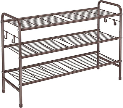 VILICK 3 Tier Shoe Rack 33" Wide Metal Shoe Organizer Long Shoe Storage with 4 Side Hooks Sturdy Shoes Shelf for Front Door Entrance, Closet, Garage, Dorm, Brown