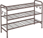 VILICK 3 Tier Shoe Rack 33" Wide Metal Shoe Organizer Long Shoe Storage with 4 Side Hooks Sturdy Shoes Shelf for Front Door Entrance, Closet, Garage, Dorm, Brown