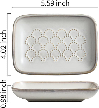 Gomakren Ceramic Soap Dish with Raised Scalloped Design, Versatile Soap Holder & Tray for Bathroom and Kitchen Sink, Prevents Soggy Soap, Rustic Modern Decor, Easy to Clean, Beige (5.59" x 4.02")