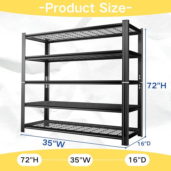 72''H Metal Wire Shelving Rack Heavy Duty, 5 Tier Adjustable wire storage shelf, 35''W Industrial Unit, 3300 Lbs Capacity Storage Shelves for Garage Kitchen Pantry Basement Bathroom Laundry Closet
