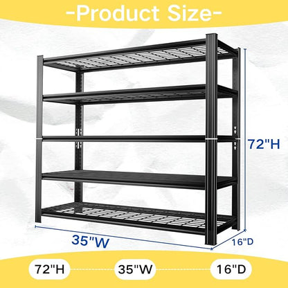 72''H Metal Wire Shelving Rack Heavy Duty, 5 Tier Adjustable wire storage shelf, 35''W Industrial Unit, 3300 Lbs Capacity Storage Shelves for Garage Kitchen Pantry Basement Bathroom Laundry Closet