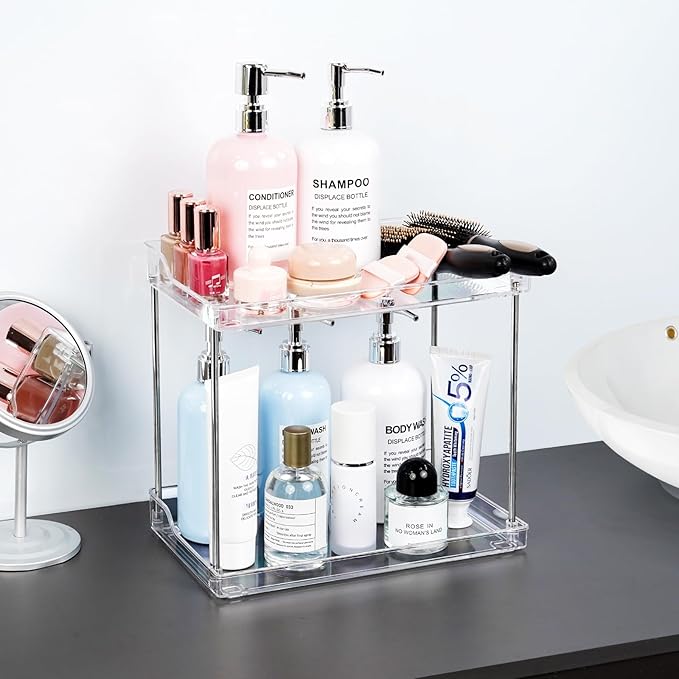 2 Tier Bathroom Counter Organizer, Clear Bathroom Counter Shelf for Vanity Countertop, Kitchen, Sink Storage, Tiered Skincare Organizer for Makeup, Perfume, Beauty Supplies (Rectangular)