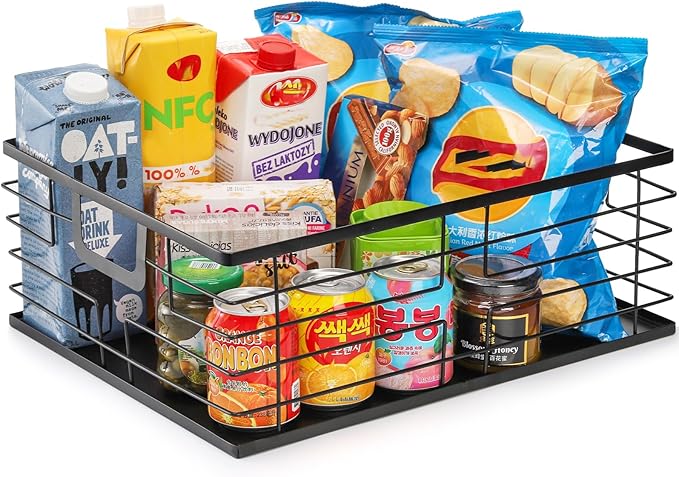 TOPZEA Black Metal Food Storage Basket for Pantry Organization, Large Steel Wire Farmhouse Basket Organizer Bin with Handles for Organizing Bathroom, Kitchen, Shelf, Cabinet, 16"x 12.5"x 6"