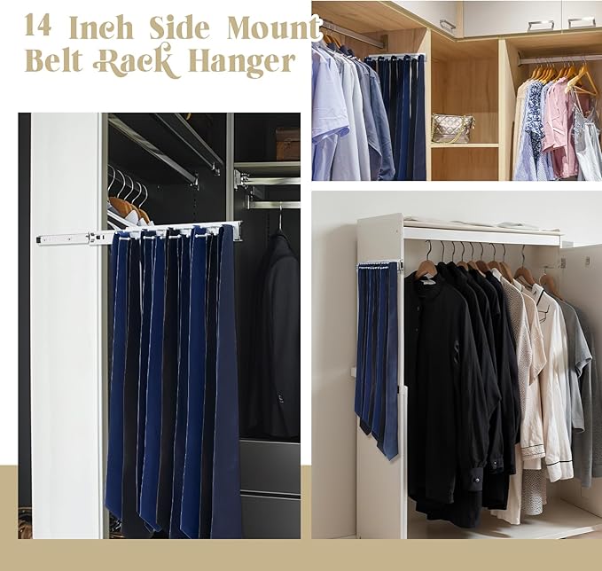 Blulu 3 Pcs 13.8'' Sliding Tie Rack Hangers for Closet, 25(Total 75) Tie Pull Out Wall Mounted Extending Sturdy Metal Belt Organizer Holder for Men Belt Storage, Sliver