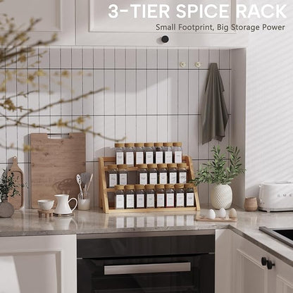 Bamboo Spice Rack Organizer -3-Tier Spice Rack for Countertop,Cabinet Spice Rack Organizer for 24 Spice Jars(4oz)，Step Shelf (yellow)