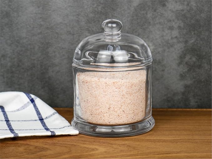 HillSpring Thick Glass Salt Cellar with Stainless Steel Spoon, Clear Container for Kosher, Sea, Himalayan Salt, Sugar, Pepper, Heavyweight Spices Jar, 10 oz (1, Transparent, Medium)