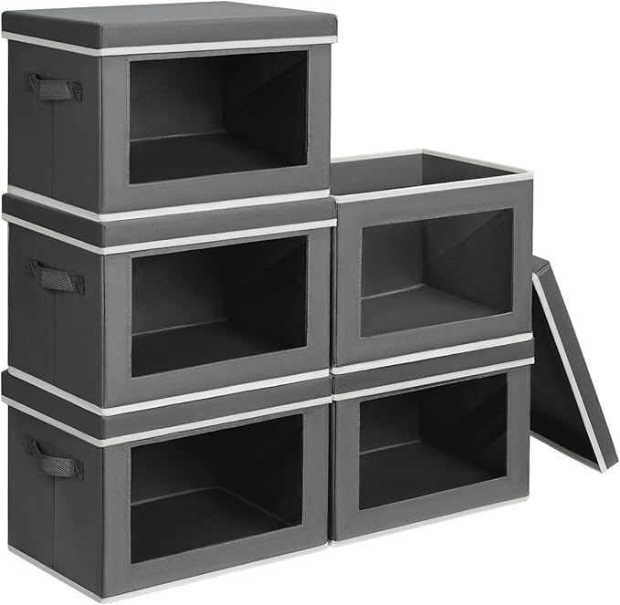 Homsorout Stackable Storage Bins with Lids - Large Decorative Basket with Lids, Fabric Foldable Closet Organizer Bins, Shelf Organizer for Living Room, Dorm, 5 Pack, Dark Grey