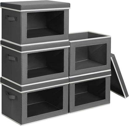Homsorout Stackable Storage Bins with Lids - Large Decorative Basket with Lids, Fabric Foldable Closet Organizer Bins, Shelf Organizer for Living Room, Dorm, 5 Pack, Dark Grey