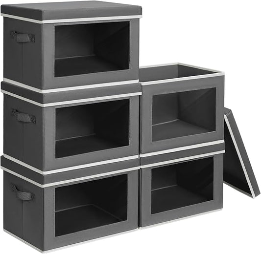 Homsorout Stackable Storage Bins with Lids - Large Decorative Basket with Lids, Fabric Foldable Closet Organizer Bins, Shelf Organizer for Living Room, Dorm, 5 Pack, Dark Grey